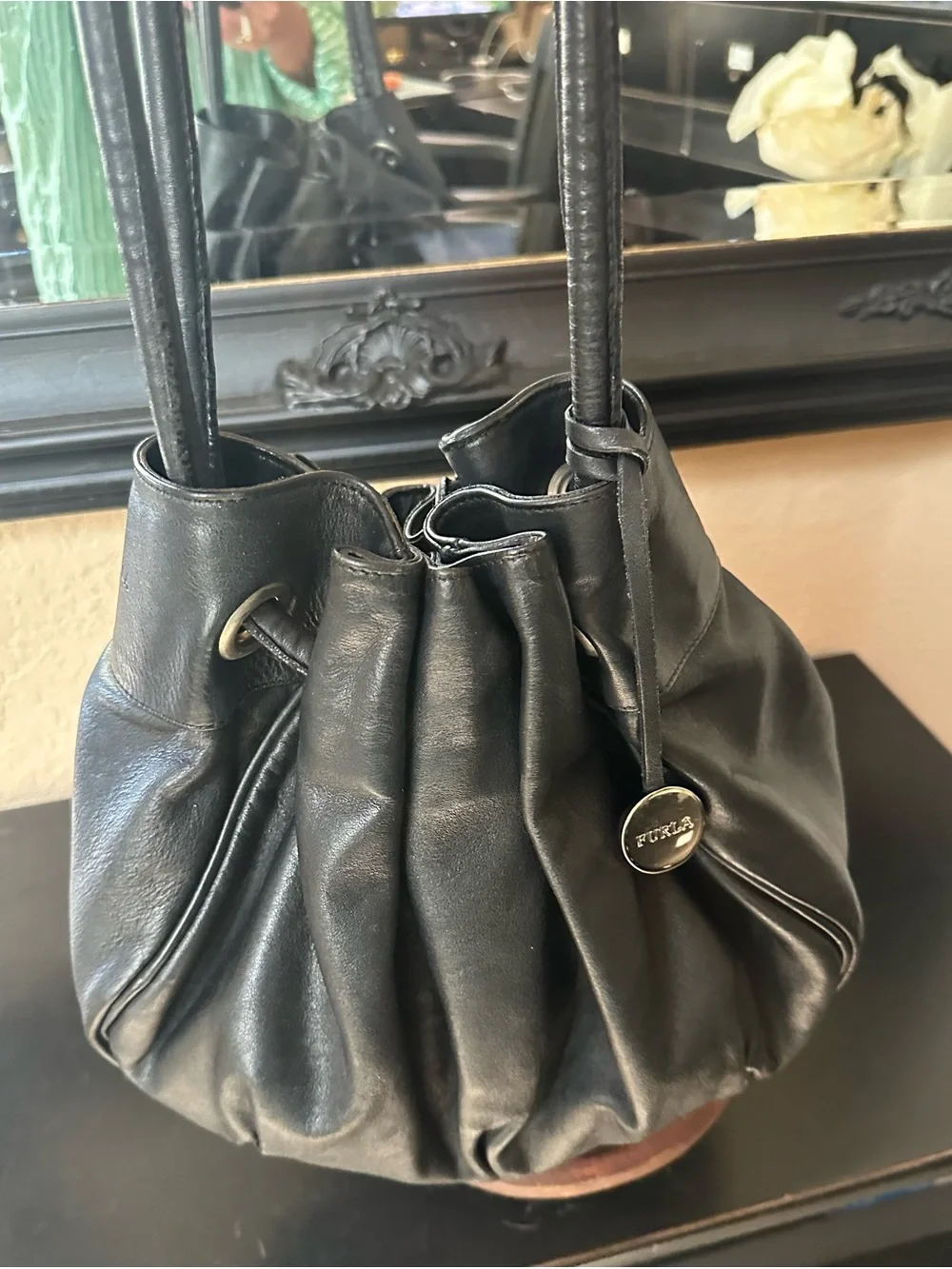 Furla Black Leather Gathered Hobo Bag